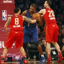 Photo by Chris Detrick | The Salt Lake Tribune 
Utah Jazz's Deron Williams and Manu Ginobili guard Chris Bosh during the second half of the 2011 NBA All-Star game at the Staples Center Sunday February 20, 2011.    The West won 148-143.