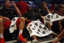 Photo by Chris Detrick | The Salt Lake Tribune 
Blake Griffin, Kobe Bryant and Pau Gasol during the first half of the 2011 NBA All-Star game at the Staples Center Sunday February 20, 2011.    The West won 148-143.