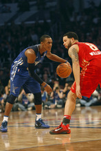 Photo by Chris Detrick | The Salt Lake Tribune 
Utah Jazz's Deron Williams guards Rajon Rondo during the first half of the 2011 NBA All-Star game at the Staples Center Sunday February 20, 2011.    The West won 148-143.