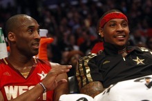 Photo by Chris Detrick | The Salt Lake Tribune 
Kobe Bryant and Carmelo Anthony during the first half of the 2011 NBA All-Star game at the Staples Center Sunday February 20, 2011.    The West won 148-143.