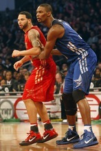 Photo by Chris Detrick | The Salt Lake Tribune 
Utah Jazz's Deron Williams and Chris Bosh during the first half of the 2011 NBA All-Star game at the Staples Center Sunday February 20, 2011.    The West won 148-143.