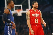 Photo by Chris Detrick | The Salt Lake Tribune 
Utah Jazz's Deron Williams talks with Rajon Rondo during the first half of the 2011 NBA All-Star game at the Staples Center Sunday February 20, 2011.    The West won 148-143.