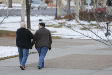   Raylynn Marvel left, and  Patsy Carter right, from Orem, Utah, walk away from the Utah County Clerk and Auditor office after receiving a rejection letter for a marriage license on Dec. 20, 2013 in Provo, Utah. A federal judge on Friday struck down Utah's ban on same sex marriage saying the law violates the U.S. Constitution.  (Photo by George Frey  |  Special to the Tribune)  