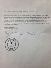   Courtesy photo
A rejection letter same-sex couple received from the Utah County Clerk when trying to get marriage licenses after the ruling Dec. 20, 2013.  