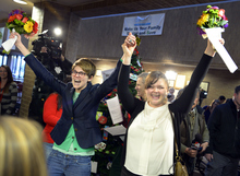   Keith Johnson | The Salt Lake Tribune

Natalie Dicou (left) and Nicole Christensen celebrate after being married by Salt Lake City Mayor Ralph Becker at the Salt Lake County Complex, Friday, December 20, 2013. A federal judge in Utah Friday struck down the state's ban on same-sex marriage, saying the law violates the U.S. Constitution's guarantees of equal protection and due process.  