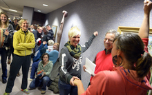   Keith Johnson | The Salt Lake Tribune

Elisa Noel, facing, celebrates with her new wife Amber Burnham after they were married by Salt Lake City mayor Ralph Becker outside the Salt Lake County clerks office, Friday, December 20, 2013. A federal judge in Utah Friday struck down the state's ban on same-sex marriage, saying the law violates the U.S. Constitution's guarantees of equal protection and due process.  
