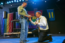  Chris Detrick  |  The Salt Lake Tribune
Sen. Jim Dabakis, D-Salt Lake City, proposes to Stephen Justesen, his boyfriend of over twenty-five years, during a party to show unity, love and celebrate all Utah families at Club Sound Wednesday June 26, 2013.  In historic decisions, the Supreme Court handed gay-rights supporters major victories Wednesday, extending federal rights to same-sex couples and reversing a ban on gay marriage in the nation's largest state.  