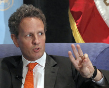   FILE - In this July 31, 2012 file photo, then U.S. Treasury Secretary Timothy Geithner speaks about the U.S. economy, in Los Angeles. Ben Bernanke, the former chairman of the Federal Reserve; and Geithner's predecessor, Henry Paulson, will be among those appearing with Geithner as he promotes his upcoming book, "Stress Test," during a two-week tour that will begin in New York on May 14, 2014. (AP Photo/Nick Ut, File)  