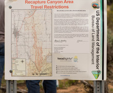   Trent Nelson  |  The Salt Lake Tribune
A sign lists restrictions to motorized travel in Recapture Canyon, which has been closed to motorized use since 2007, on Saturday, May 10, 2014 north of Blanding.  