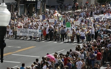   Scott Sommerdorf  |  The Salt Lake Tribune             
Mormons Building Bridges group leads the annual Gay Pride Parade through downtown Salt Lake City, Sunday, June 3, 2012.   