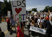   Scott Sommerdorf  |  The Salt Lake Tribune             
Mormons Building Bridges group leads the annual Gay Pride Parade through downtown Salt Lake City, Sunday, June 3, 2012.  