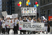   Scott Sommerdorf   |  The Salt Lake Tribune
The Mormons Building Bridges group parades in the Utah Pride Festival's Gay Pride Parade through the streets of downtown Salt Lake City, Sunday, June 2, 2013.  