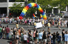   Scott Sommerdorf  |  The Salt Lake Tribune             
The 2014 Gay Pride Festival is this weekend with parade on June 8. This 2012 photo, shows revelers in that year's parade.  