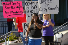   Leah Hogsten  |  The Salt Lake Tribune
"There's a saying now in Millard County, that a good Indian is a dead Indian," said Marlee Kanosh surrounding the shooting death of her brother Corey Kanosh. "Well that dead Indian is my brother who I loved and lost," Kanosh told the crowd at the Families Speak Out On Police Violence rally Saturday, October 4, 2014, at the Matheson Courthouse.   