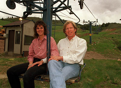 Annette Baker and Kenny Griswold pose in 1994 as the new owners of ParkWest, which later became The Canyons ski resort. Griswold is suing to regain control of the land.