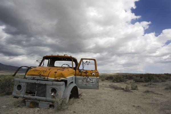An old moving truck rusting away along the western portion of the Great Salt Lake Tueday, April 28, 2009. The truck, which two-thirds are missing, is now a common target for shooters. (FOR WHARTONS WEST DESERT STORY). Jim Urquhart/The Salt Lake Tribune; 4/28/09
