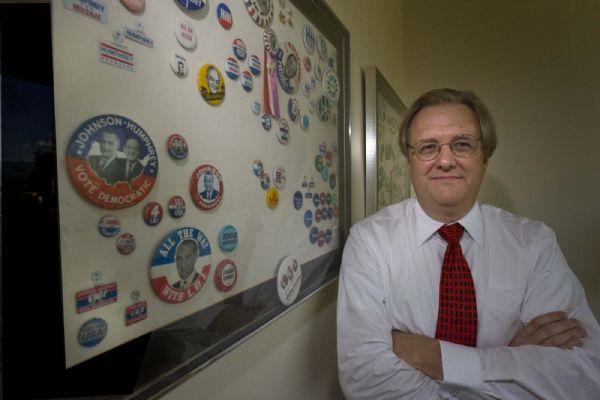 Salt Lake County  Councilman, Joe Hatch stands next to  his extensive  collection of campaign buttons (mostly democrats)  at his Murray office on  Wednesday, July 1,2009  photo:Paul Fraughton/ The Salt Lake Tribune