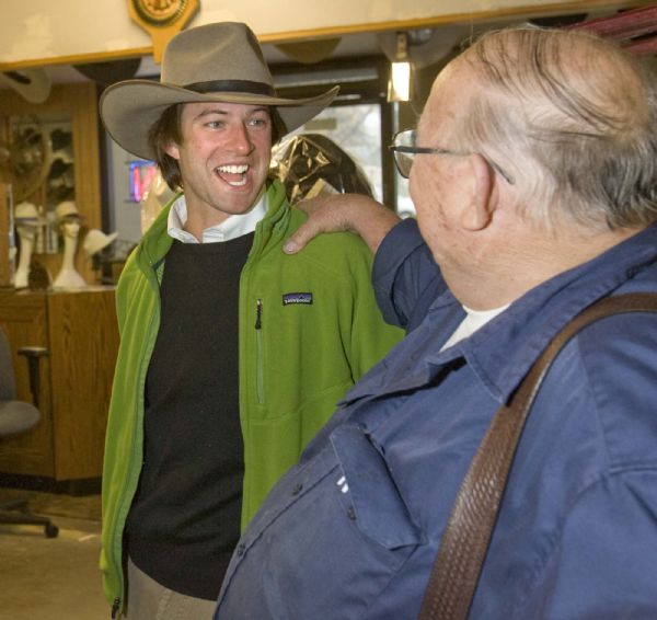 Brad Hutchison, an enthusiastic customer of JW Hats  stops by the shop to get one of his hats adjusted and share a few laughs with owner Jim Whittington on  Tuesday, October 27,2009  photo:Paul Fraughton/ The Salt Lake Tribune