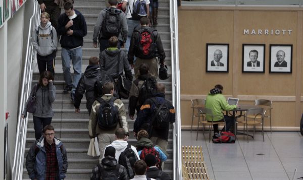 Jim Urquhart  |  The Salt Lake Tribune
Students make their way to classes in the atrium of the N. Eldon Tanner building Tuesday, January 12 2010 at Brigham Young University's Marriott School of Management in Provo.BYU's business school is nationally ranked and approximately 1,800 undergraduate students and 1,000 graduate students are enrolled. 1/12/10