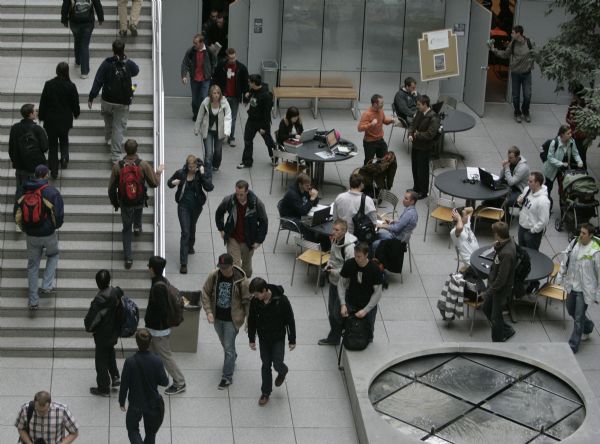 Jim Urquhart  |  The Salt Lake Tribune
Students make their way to classes in the atrium of the N. Eldon Tanner building Tuesday, January 12 2010 at Brigham Young University's Marriott School of Management in Provo.BYU's business school is nationally ranked and approximately 1,800 undergraduate students and 1,000 graduate students are enrolled. 1/12/10