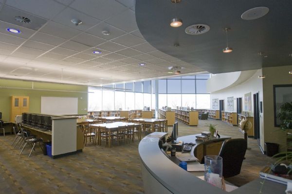 The media  center at Hillside Middle School  uses energy efficient lighting as well as natural light to create a welcoming environment.Students from Beacon Heights Elementary toured the new Hillside Middle School  on  Wednesday, March 24,2010  photo:Paul Fraughton/ The Salt Lake Tribune