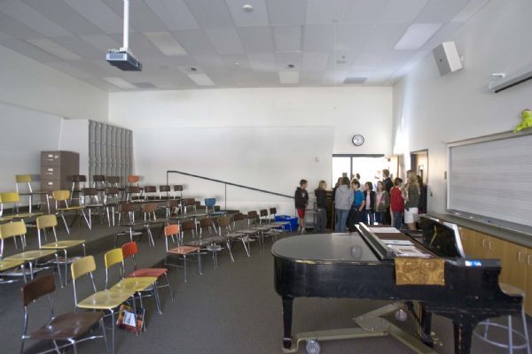 The choir room at the new Hillside Middle School uses   acoustic tiles  and other innovations like the  wall and ceiling angles to create an acoustically  pleasing environment. The design also aids in   keeping the sound  enclosed as much as possible in the room and out of the hallways.Students from Beacon Heights Elementary toured the new Hillside Middle School  on  Wednesday, March 24,2010  photo:Paul Fraughton/ The Salt Lake Tribune