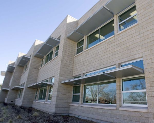 Window shades above the exterior windows at Hillside Middle School  aid in the building's energy efficiency. Students from Beacon Heights Elementary toured the new Hillside Middle School  on  Wednesday, March 24,2010  photo:Paul Fraughton/ The Salt Lake Tribune