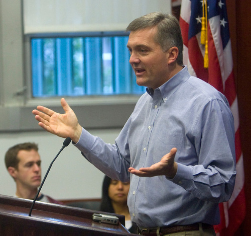 FILE PHOTO | The Salt Lake Tribune

Rep. Jim Matheson, D-Utah, faces Claudia Wright in his first primary election. Matheson is pictured here at the University of Utah earlier this year.