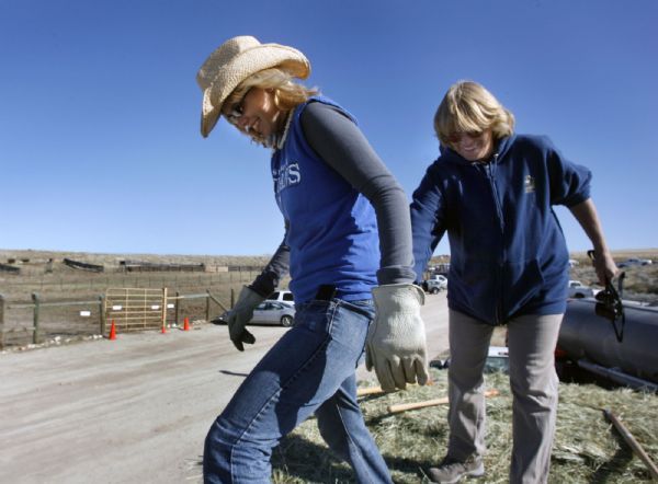 Steve Griffin  |  The Salt Lake Tribune file
Nikel Taylor and her mother, Suzanne Taylor, laugh as they get ready to jump from a hay wagon during the Great Bison Roundup on Antelope Island in November.