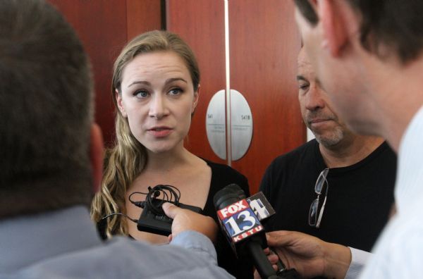 Rick Egan   |  The Salt Lake Tribune
Eugene Christopher Wright's wife, Bianca Pearman-Brooks, talks to the media outside the court room after  Wright's sentancing hearing in front of Judge Royal I. Hansen, Friday, July 9, 2010. Wright was convicted by a jury for fatally shooting Utah County hockey coach and businessman Kenneth Dolezsar outside the Village Inn restaurant in Sandy in 2007.