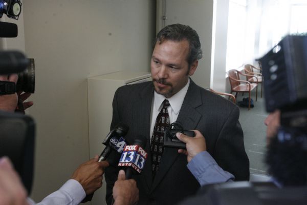 Rick Egan   |  The Salt Lake Tribune
Robert Steed, Kenneth Dolezsar's step-son, talks to the media after Eugene Christopher Wright was sentenced Friday in Dolezsar's death.