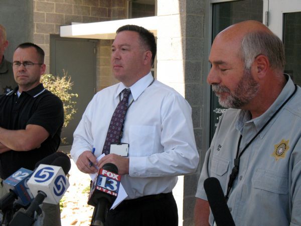 Donald W. Meyers | The Salt Lake Tribune
Flanked by Chief Deputy Utah County Attorney Tim Taylor, left, and Utah County Attorney Jeff Buhman, Utah County Sheriff Jim Tracy responds to  reporters' questions about the arrests of Roger and Pamela Mortensen in connection with the murder of Kay Mortensen in his Payson Canyon home in November 2009.