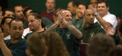 Al Hartmann|  The Salt Lake Tribune  3/26/2009&#xA; Participants in the Utah State Prison's Con-Quest substance abuse program attend a graduation ceremony in the spring of 2009.   In the program, inmates are referred to as residents and live together in a dorm setting at the prison.   The program includes daily coursework and therapy on life skills. Julian Stevens, pictured in the center of the photo, hopes to use lessons from Con-Quest upon his prison release. &#xA;