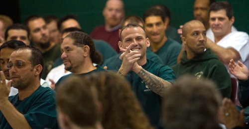 Al Hartmann |  The Salt Lake Tribune  3/26/2009&#xA;Participants in the Utah State Prison's Con-Quest substance abuse program attend a graduation ceremony in the spring of 2009.   In the program, inmates are referred to as residents and live together in a dorm setting at the prison.   The program includes daily coursework and therapy on life skills. Julian Stevens, pictured in the center of the photo, hopes to use lessons from Con-Quest upon his prison release. &#xA;