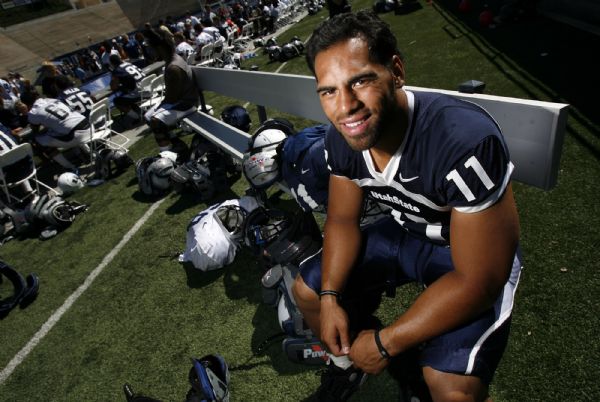 Francisco Kjolseth  |  The Salt Lake Tribune
Linebacker, Matt Ah You who is in a sixth season of eligibility at Utah State and is a former starter at BYU participates in the USU scrimmage in Logan on Saturday, Aug. 21, 2010.
Logan. Aug. 21, 2010.