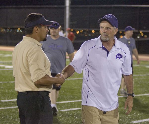 Paul Fraughton  |  The Salt Lake Tribune
Judge head coach James Cordova greets Tooele head coach Ray Groth at the conclusion of their game.Judge Memorial played Tooele at Judge.
