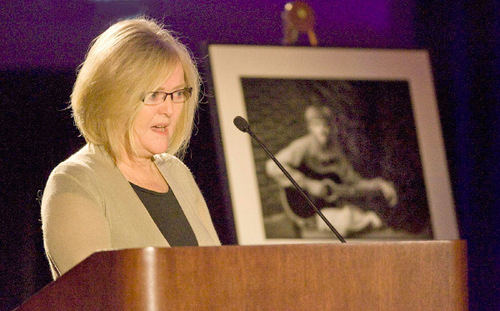 Paul Fraughton  |  The Salt Lake Tribune&#xA;With a photo of her late son Zach Snarr next to her, Sy Snarr, talks to the National Organization of Victim Assistance conference in  Salt Lake City on Wednesday, Aug. 25, 2010.