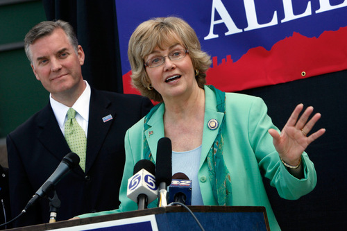 FRANCISCO KJOLSETH  |  Tribune FIle Photo&#xA;Sheryl Allen, candidate for lieutenant governor on the Democratic ticket, protests interjection of religion as a 'wedge issue' in the governor's race. Allen, a Republican state lawmaker, is pictured here at the May announcement of her candidacy.
