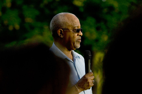 Jeremy Harmon  |  The Salt Lake Tribune
Ted Fields Sr. speaks during a memorial and commemorative march at Liberty Park on Saturday. The event, held on the anniversary of Dr. Martin Luther King, Jr.'s 