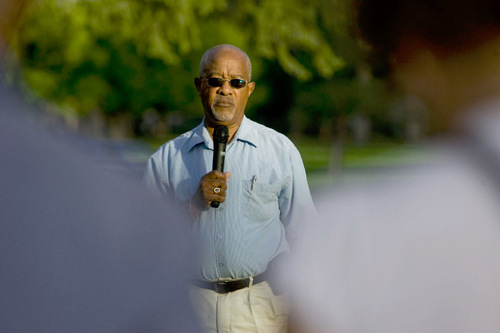 Jeremy Harmon  |  The Salt Lake Tribune

Ted Fields Sr. speaks during a memorial and commemorative march at Liberty Park on Saturday. The event, held on the anniversary of Dr. Martin Luther King, Jr.'s 
