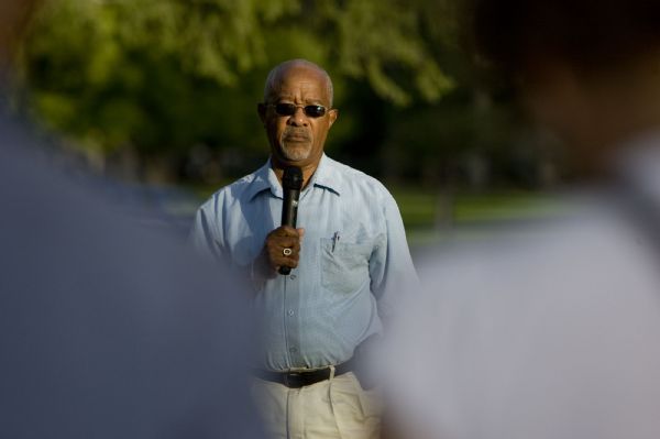 Jeremy Harmon  |  The Salt Lake Tribune

Ted Fields Sr. speaks during a memorial and commemorative march at Liberty Park on Saturday. The event, held on the anniversary of Dr. Martin Luther King, Jr.'s 