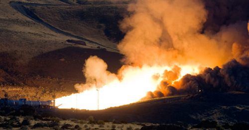 Al Hartmann  |  Salt Lake Tribune
The static test fire of the first stage of an Ares 1 rocket at ATK west of Brigham City went off on time without a hitch on Tuesday, Aug. 31, at 9:27 a.m.
