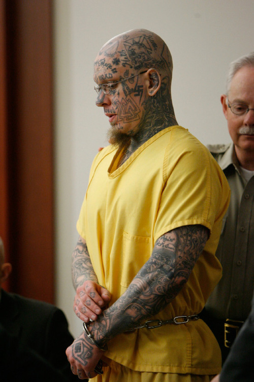 Francisco Kjolseth  | Tribune file photo
Curtis Allgier is charged with capital murder and seven other felonies for the June, 25, 2007, slaying of 60-year-old prison Officer Stephen Anderson. Allgier's lawyers want his tattoos covered up during his trial to avoid prejudicing the jury.