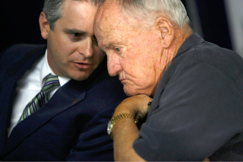 Francisco Kjolseth  |  The Salt Lake Tribune&#xA;West Coast Conference Commissioner Jamie Zaninovich, left, speaks with former BYU football coach LaVell Edwards as BYU holds a press conference at LaVell Edwards Stadium in Provo on Wed. Sept. 1, 2010, to discuss their move to football independence in 2011 and the shift of most of their other sports to the West Coast Conference. In addition the program signed an 8-year pact with ESPN to televise Cougar football on the sports leader's family of networks and will also partner with BYUtv.&#xA;Provo, Aug. 30, 2010.