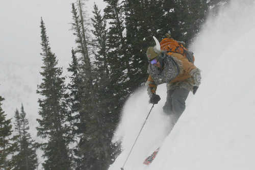 Chris Detrick  |  The Salt Lake Tribune

Kelty spokesman Drew Simmon skis at Alta during the Outdoor Retailer winter trade show in January.