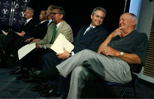 Francisco Kjolseth  |  The Salt Lake Tribune&#xA;West Coast Conference Commissioner Jamie Zaninovich, second from right, shares a laugh with former BYU football coach LaVell Edwards, far right, as BYU holds a news conference Wednesday to discuss their move to football independence in 2011 and the shift of most of their other sports to the West Coast Conference. In addition the program signed an 8-year pact with ESPN to televise Cougar football on the sports leader's family of networks and will also partner with BYU.