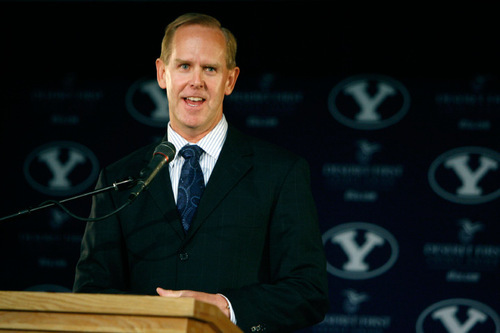 Francisco Kjolseth  |  The Salt Lake Tribune
BYU's Athletic Director Tom Holmoe holds a press conference at LaVell Edwards Stadium in Provo on Wed. Sept. 1, 2010, to discuss their move to football independence in 2011 and the shift of most of their other sports to the West Coast Conference. In addition the program signed an 8-year pact with ESPN to televise Cougar football on the sports leader's family of networks and will also partner with BYUtv.
Provo, Aug. 30, 2010.