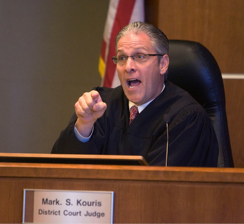 Al Hartmann  |  Salt Lake Tribune &#xA;Judge Mark Kouris scolds Reginald Campos during sentencing in his 3rd District courtroom in West Jordan on Thursday, Sept. 2.  Campos was sentenced for attempted murder and aggravated assault for shooting and paralyzing neighborhood watch advocate David Serbeck in Bluffdale.
