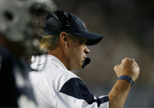 Trent Nelson  |  The Salt Lake Tribune
BYU coach Bronco Mendenhall pumps his fist as victory is sealed in the final minute of the fourth quarter. BYU vs. Washington, college football at Lavell Edwards Stadium in Provo, Saturday, September 4, 2010.