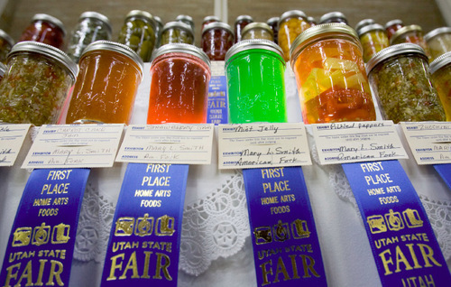 Steve Griffin  |  The Salt Lake Tribune&#xA; &#xA;Some of the winners in the canning competition at the Utah State Fair in Salt Lake City on Wednesday, Sept. 8, 2010.